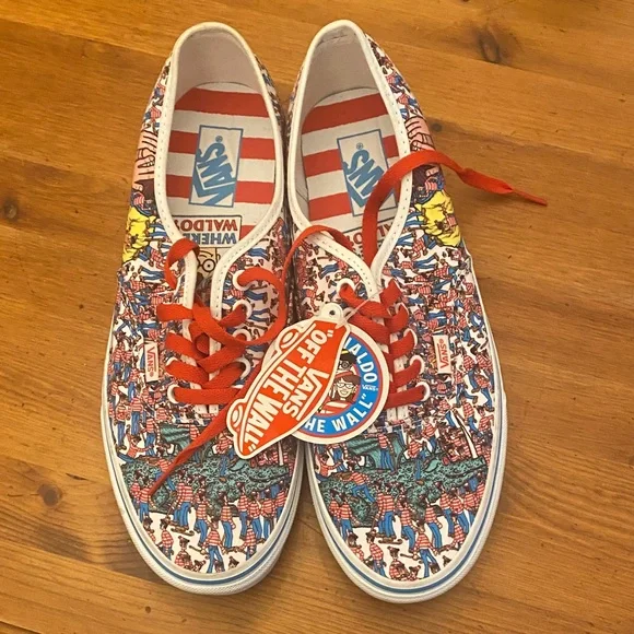 NEW Vans 'Where's Waldo?' Red and White Sneakers Size 10.5 Men’s and Women’s 12 - Picture 1 of 5